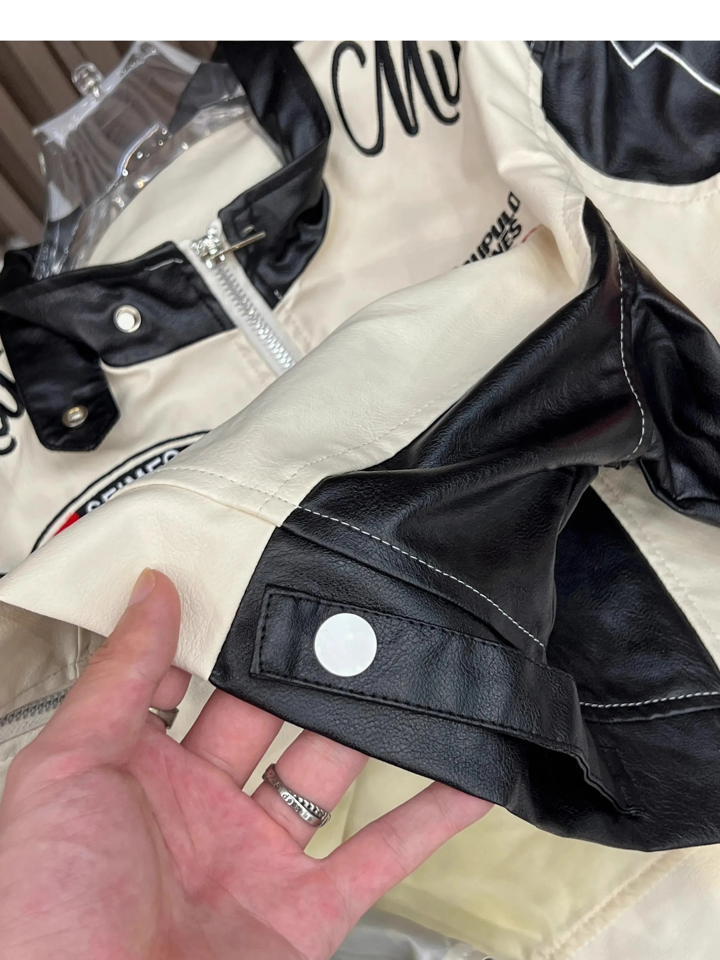 American Vintage Letter Embroidery Motorcycle Cropped Jacket Women's PU Leather Street Style Racing Baseball Short Coat Outwear
