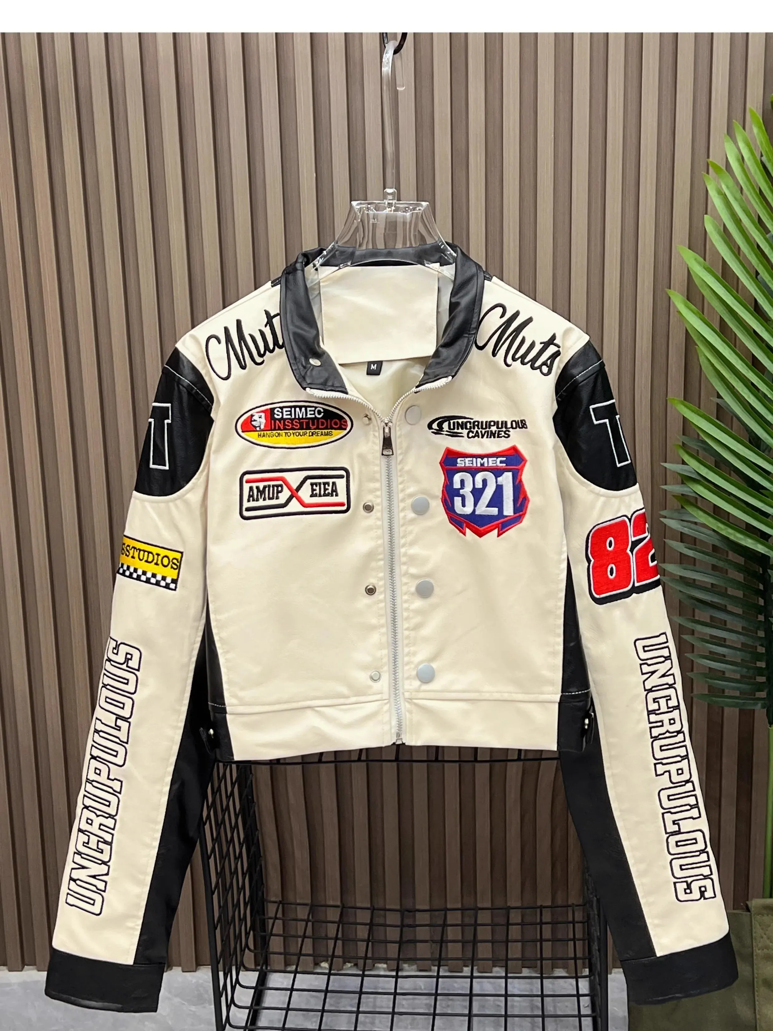 American Vintage Letter Embroidery Motorcycle Cropped Jacket Women's PU Leather Street Style Racing Baseball Short Coat Outwear