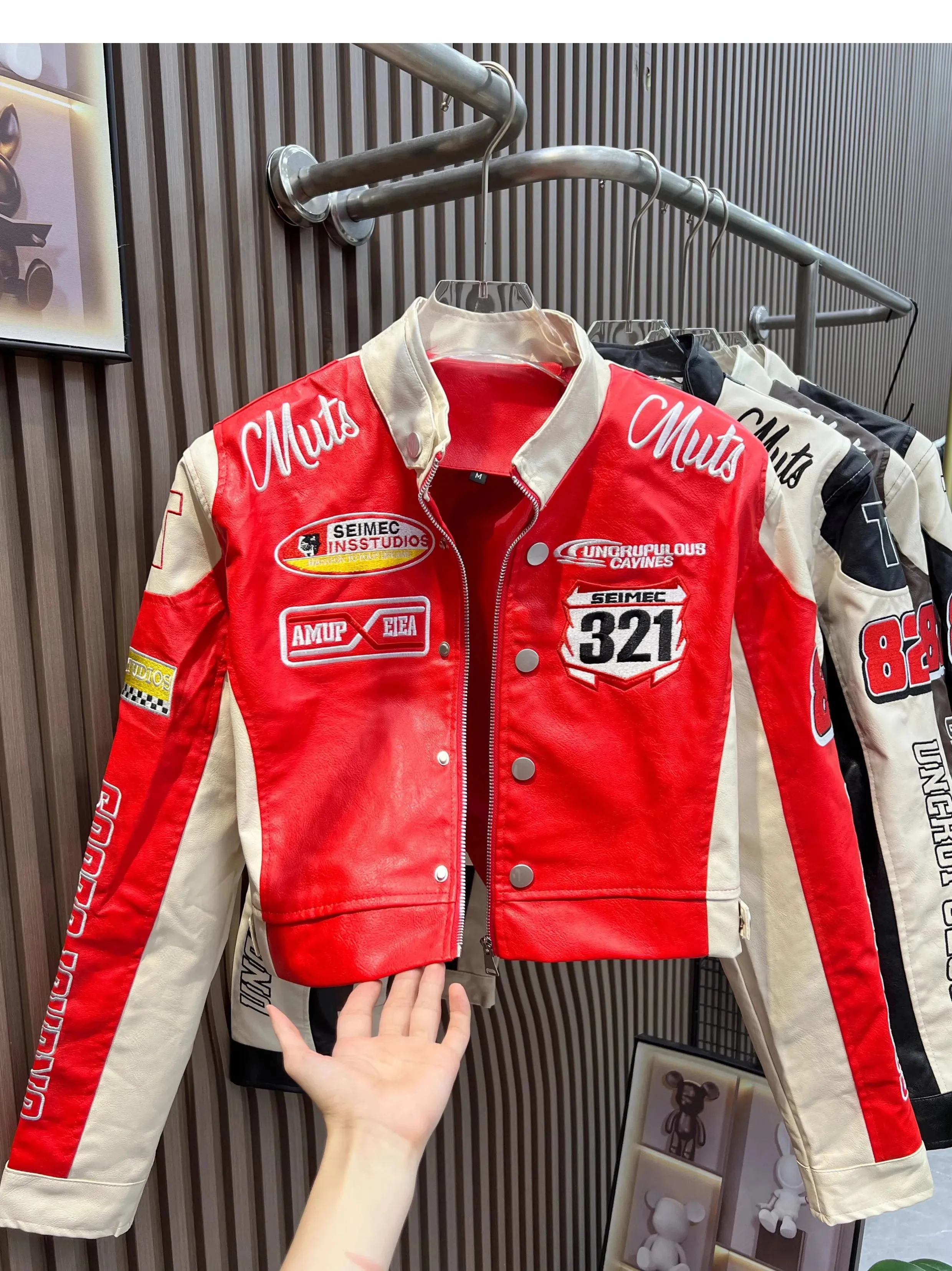 American Vintage Letter Embroidery Motorcycle Cropped Jacket Women's PU Leather Street Style Racing Baseball Short Coat Outwear