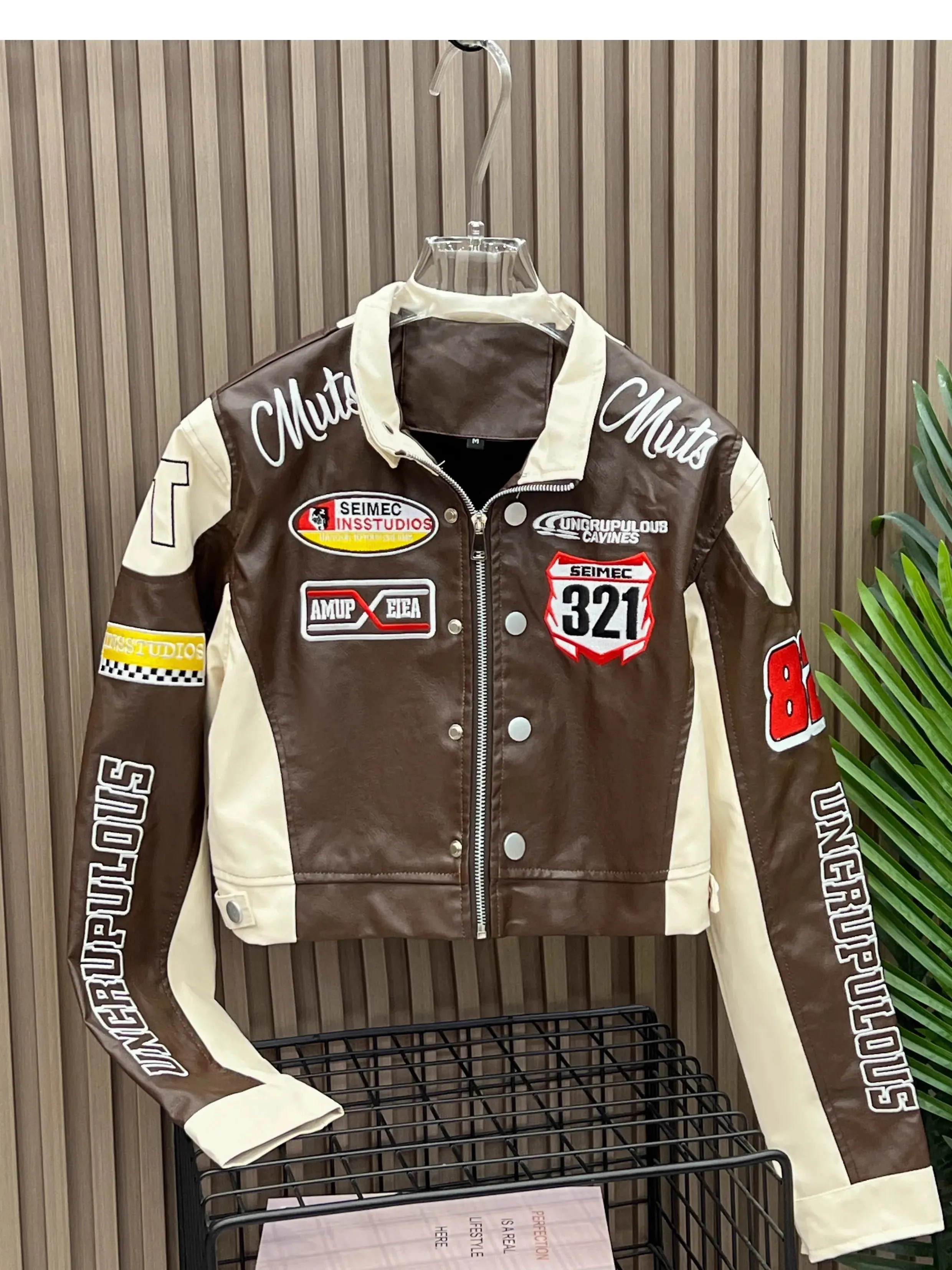 American Vintage Letter Embroidery Motorcycle Cropped Jacket Women's PU Leather Street Style Racing Baseball Short Coat Outwear