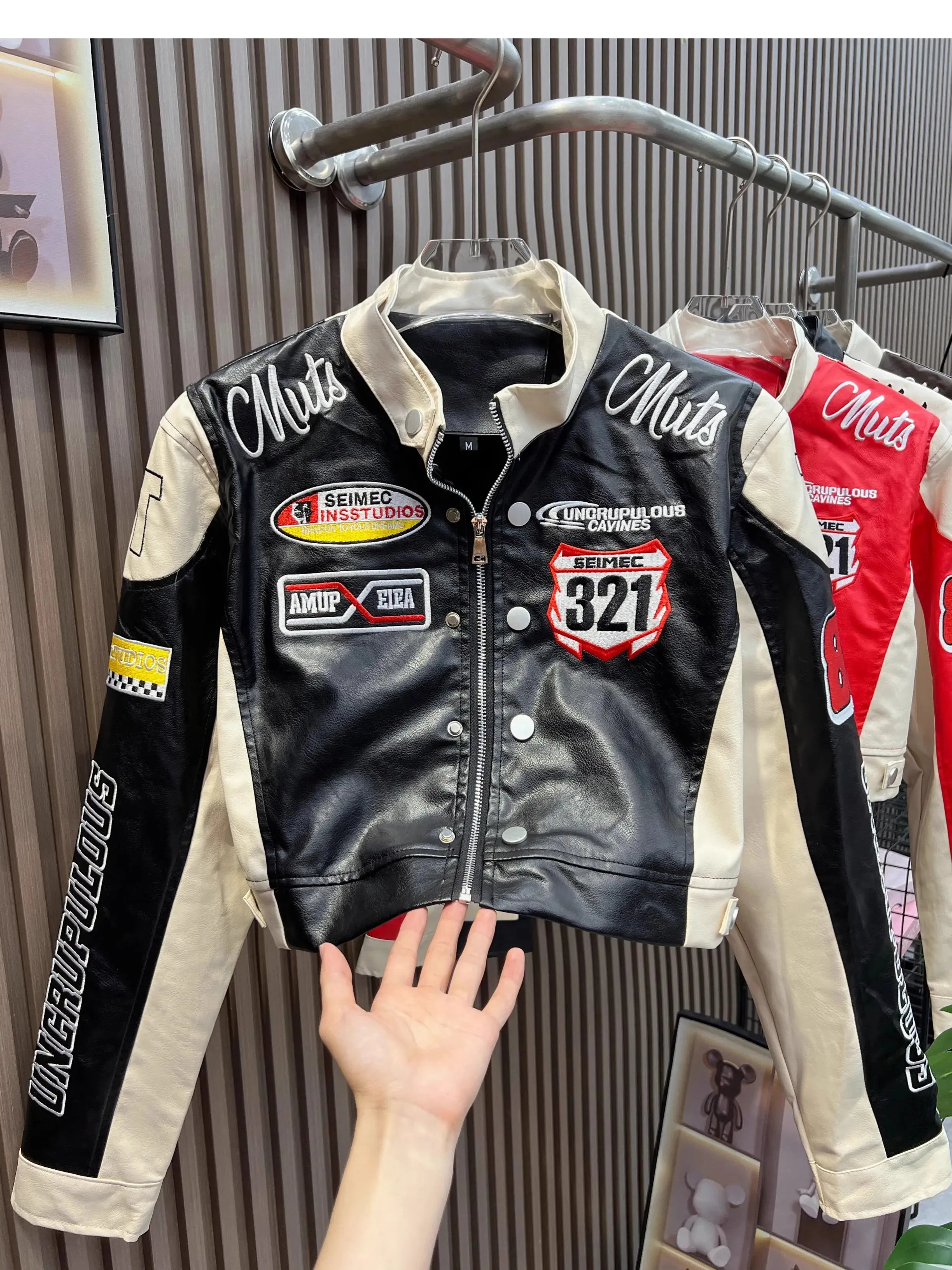 American Vintage Letter Embroidery Motorcycle Cropped Jacket Women's PU Leather Street Style Racing Baseball Short Coat Outwear