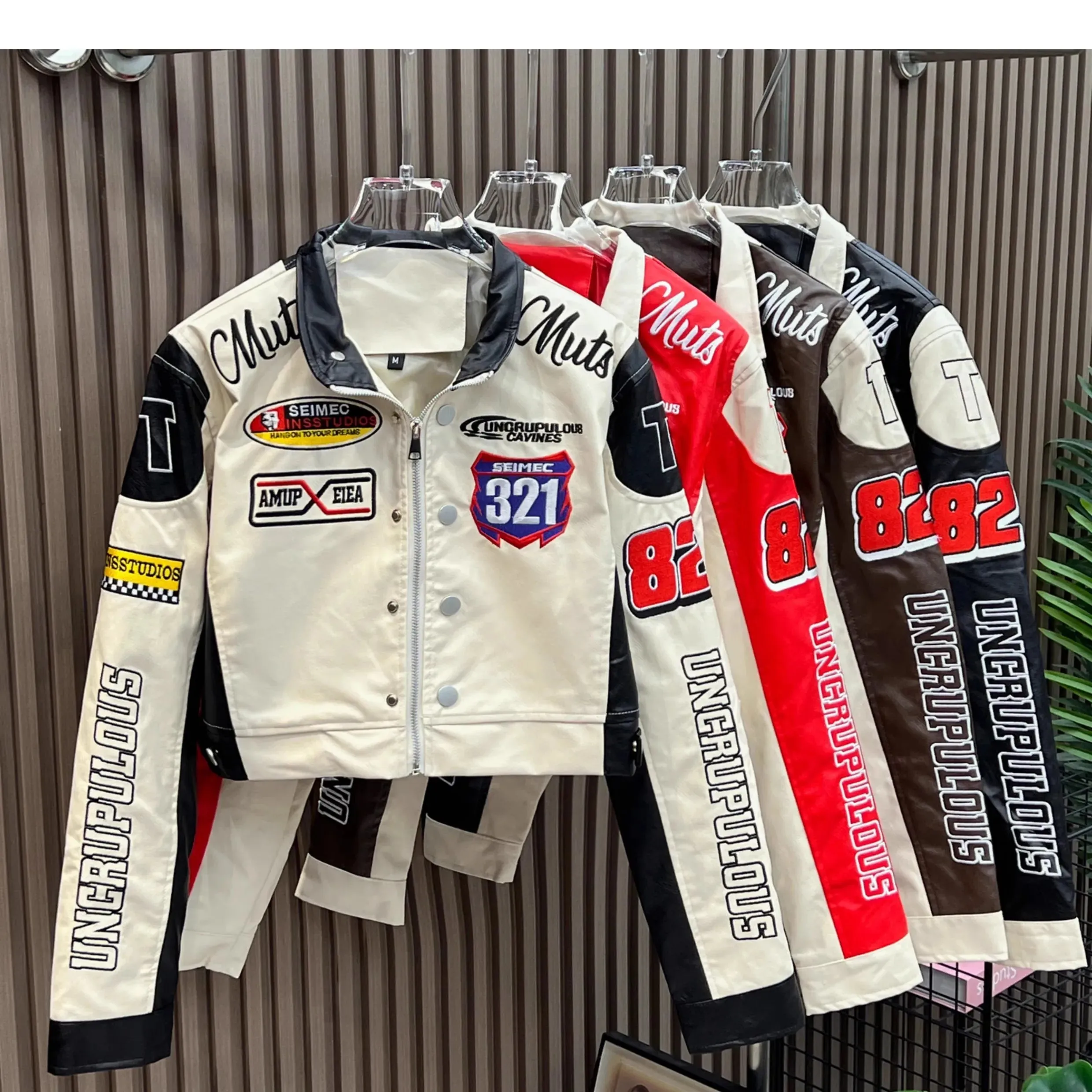 American Vintage Letter Embroidery Motorcycle Cropped Jacket Women's PU Leather Street Style Racing Baseball Short Coat Outwear