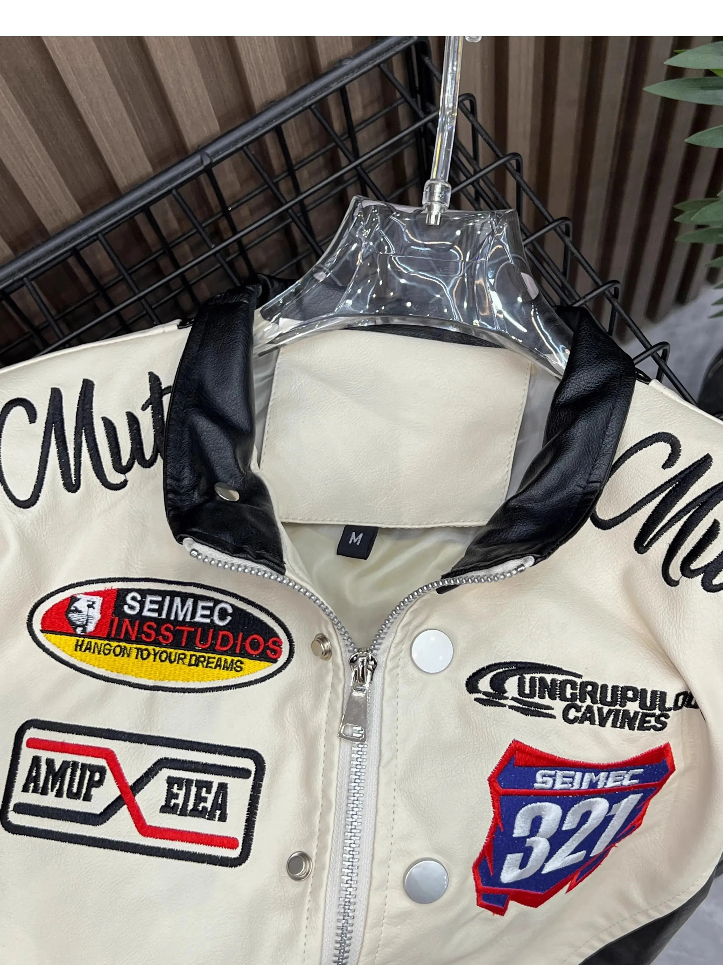 American Vintage Letter Embroidery Motorcycle Cropped Jacket Women's PU Leather Street Style Racing Baseball Short Coat Outwear