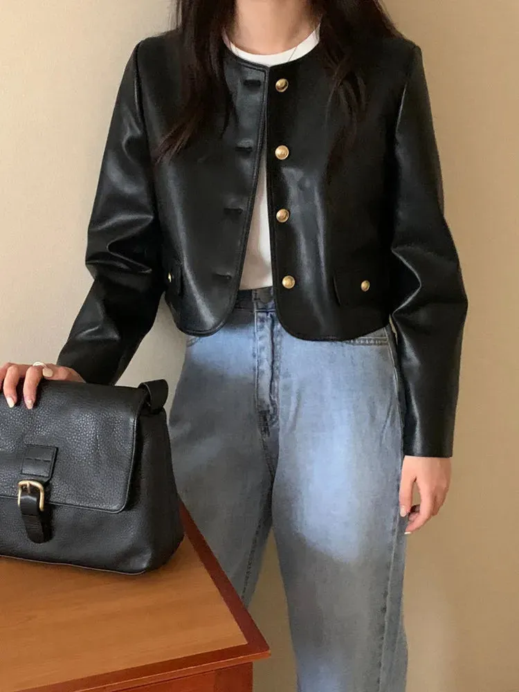 Black Jackets Women  New Fashion Vintage Single Breasted Leather Jacket Women Streetwear O Neck Short Jackets