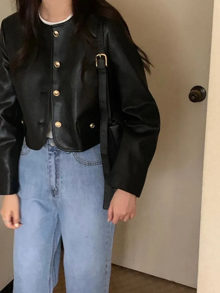 Black Jackets Women  New Fashion Vintage Single Breasted Leather Jacket Women Streetwear O Neck Short Jackets