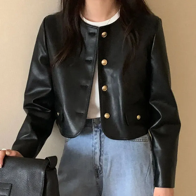 Black Jackets Women  New Fashion Vintage Single Breasted Leather Jacket Women Streetwear O Neck Short Jackets