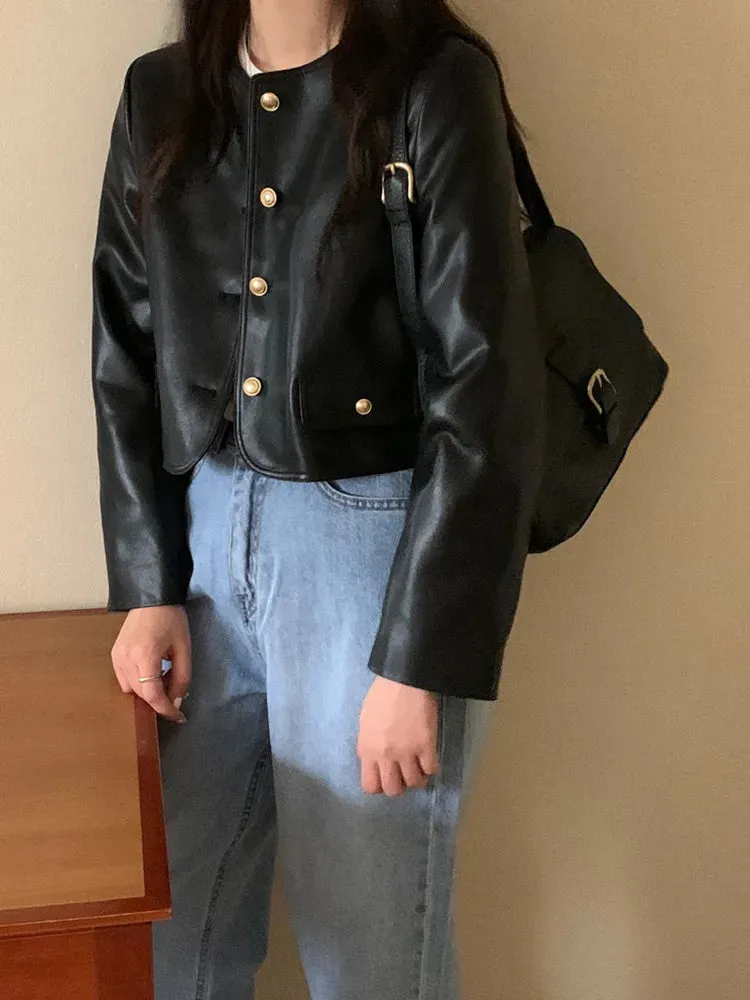 Black Jackets Women  New Fashion Vintage Single Breasted Leather Jacket Women Streetwear O Neck Short Jackets