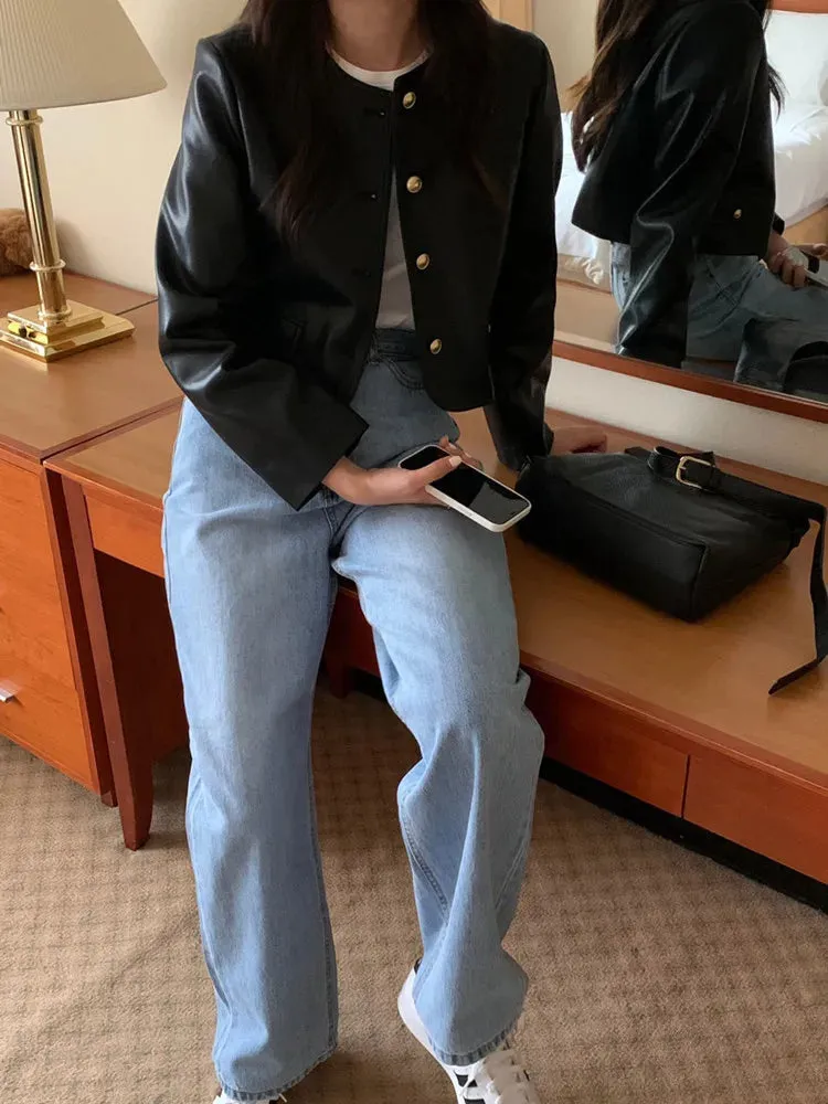 Black Jackets Women  New Fashion Vintage Single Breasted Leather Jacket Women Streetwear O Neck Short Jackets