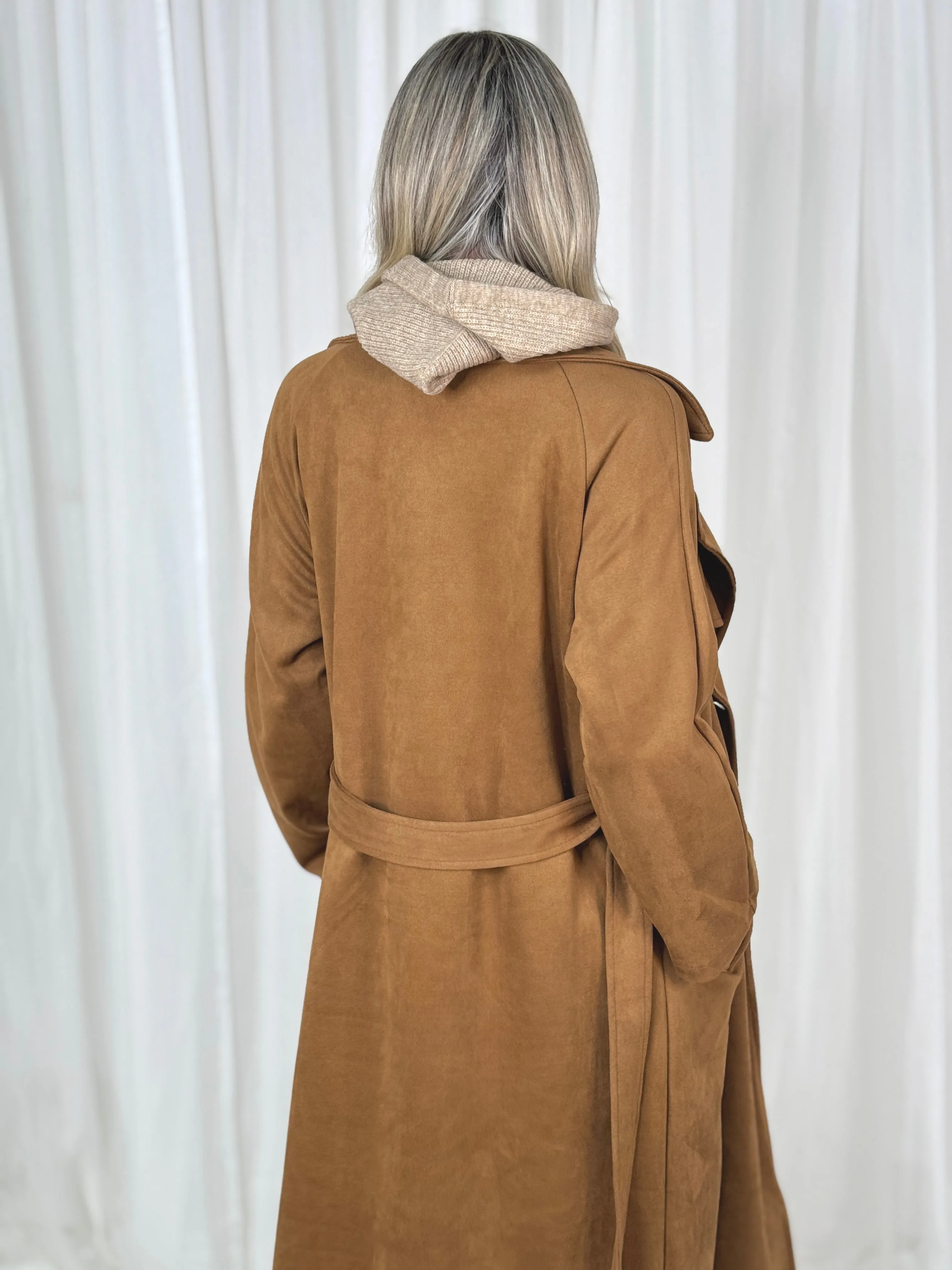 Caitlyn Faux Suede Trench Coat In Camel