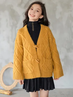 Casual Pockets Knit Cardigan Coat For Girls, Solid Color Long Sleeve Knitted Outerwear Winter/ Fall Clothing, 1pc