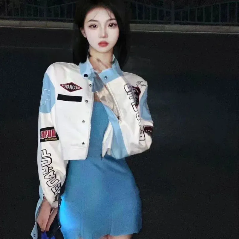 Chic Fashion Women Contrast Color Patchwork Embroidery Moto Biker PU Jackets Streetwear Casual Standard Collar Coat Crop Top