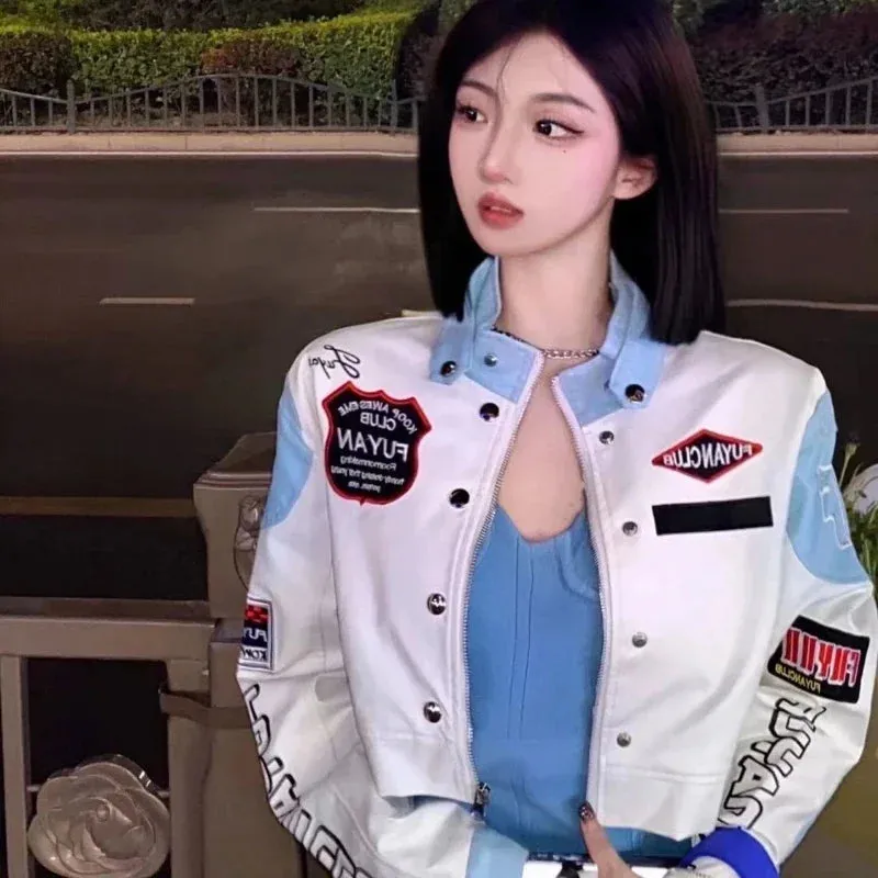 Chic Fashion Women Contrast Color Patchwork Embroidery Moto Biker PU Jackets Streetwear Casual Standard Collar Coat Crop Top