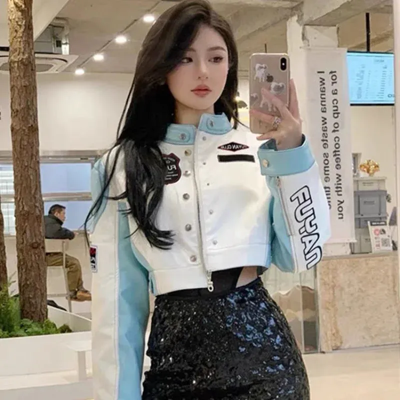 Chic Fashion Women Contrast Color Patchwork Embroidery Moto Biker PU Jackets Streetwear Casual Standard Collar Coat Crop Top