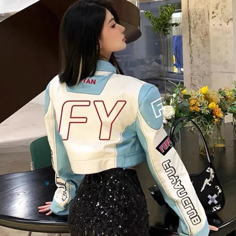 Chic Fashion Women Contrast Color Patchwork Embroidery Moto Biker PU Jackets Streetwear Casual Standard Collar Coat Crop Top