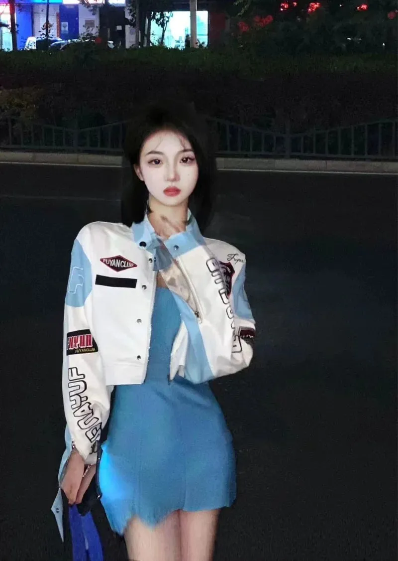 Chic Fashion Women Contrast Color Patchwork Embroidery Moto Biker PU Jackets Streetwear Casual Standard Collar Coat Crop Top
