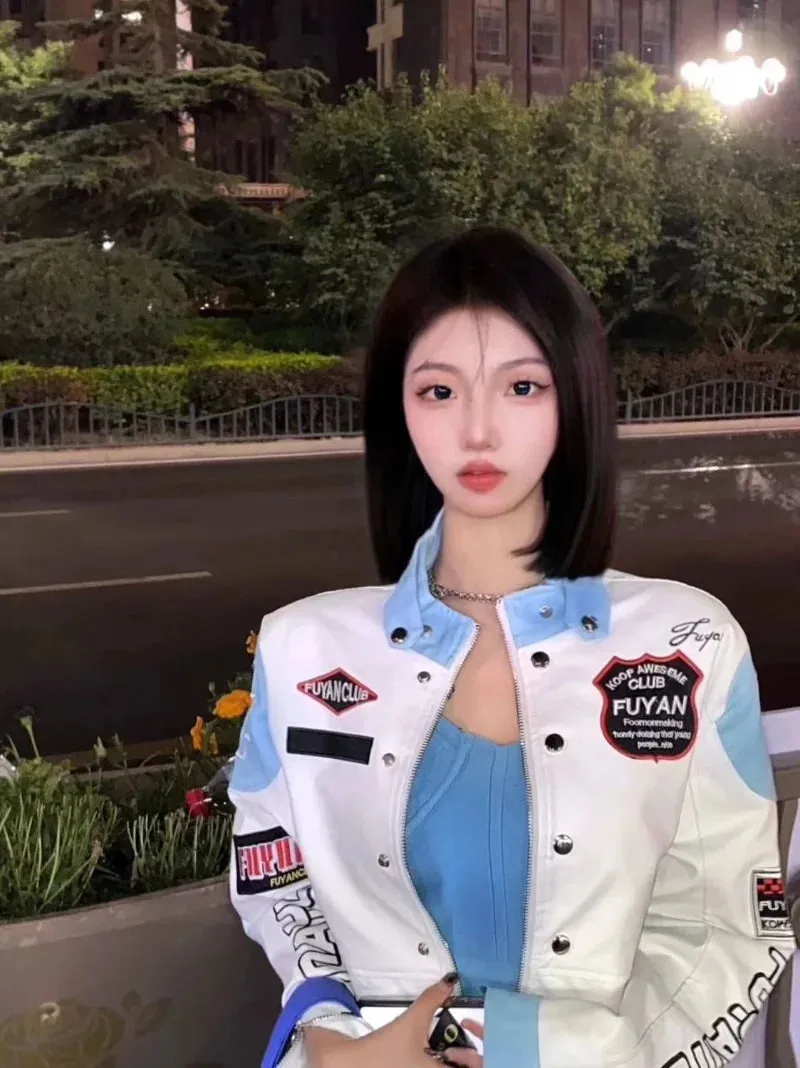 Chic Fashion Women Contrast Color Patchwork Embroidery Moto Biker PU Jackets Streetwear Casual Standard Collar Coat Crop Top