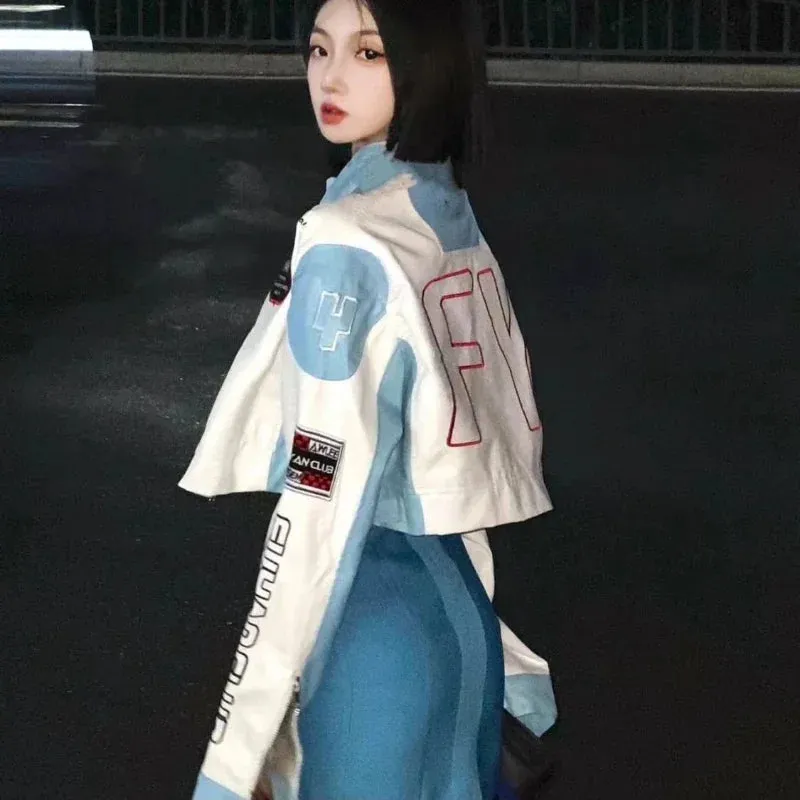 Chic Fashion Women Contrast Color Patchwork Embroidery Moto Biker PU Jackets Streetwear Casual Standard Collar Coat Crop Top