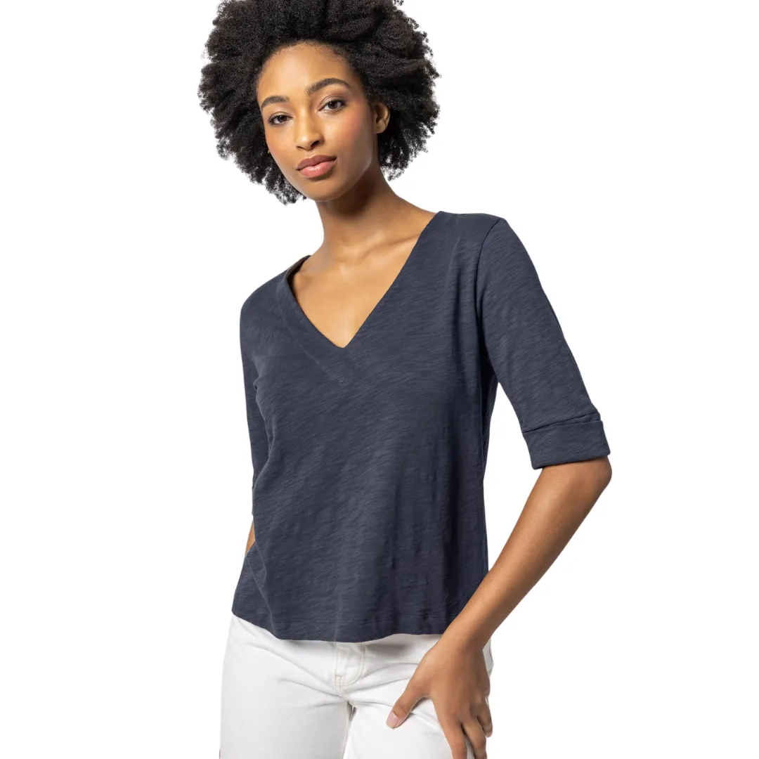 Cuffed Elbow Sleeve V Neck