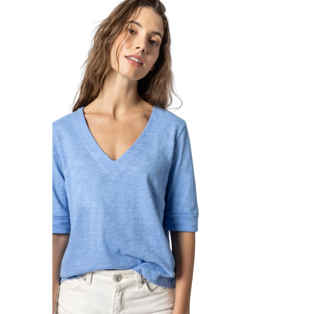 Cuffed Elbow Sleeve V Neck