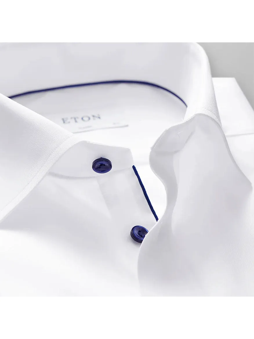 Eton Classic Fit White Twill Dress Shirt with Navy Details