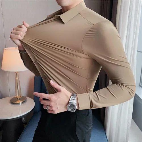 Plus Size 4XL-M High Elasticity Seamless Shirts Men Long Sleeve Top Quality Slim Casual Luxury Shirt