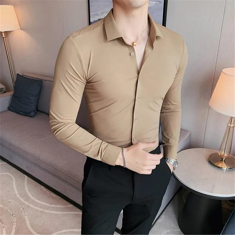 Plus Size 4XL-M High Elasticity Seamless Shirts Men Long Sleeve Top Quality Slim Casual Luxury Shirt