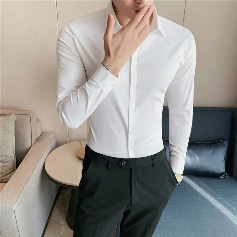 Plus Size 4XL-M High Elasticity Seamless Shirts Men Long Sleeve Top Quality Slim Casual Luxury Shirt