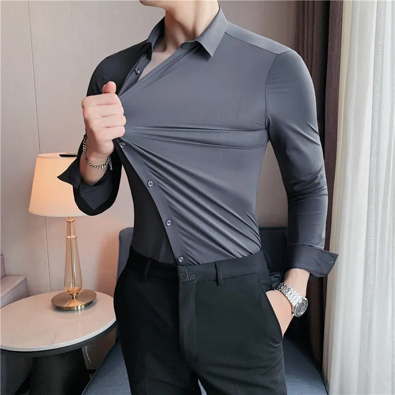 Plus Size 4XL-M High Elasticity Seamless Shirts Men Long Sleeve Top Quality Slim Casual Luxury Shirt