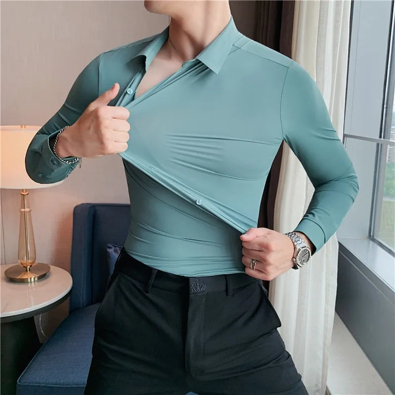 Plus Size 4XL-M High Elasticity Seamless Shirts Men Long Sleeve Top Quality Slim Casual Luxury Shirt