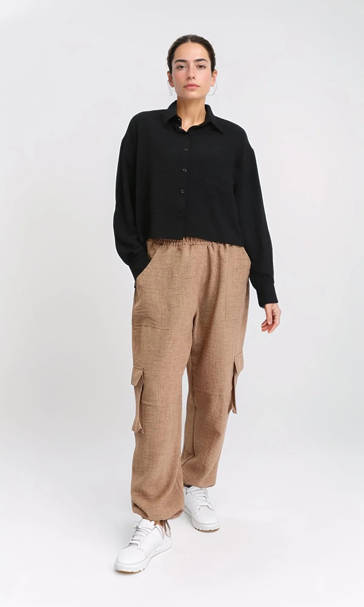 R206354 - Textured Long Sleeves Summer Shirt - Black