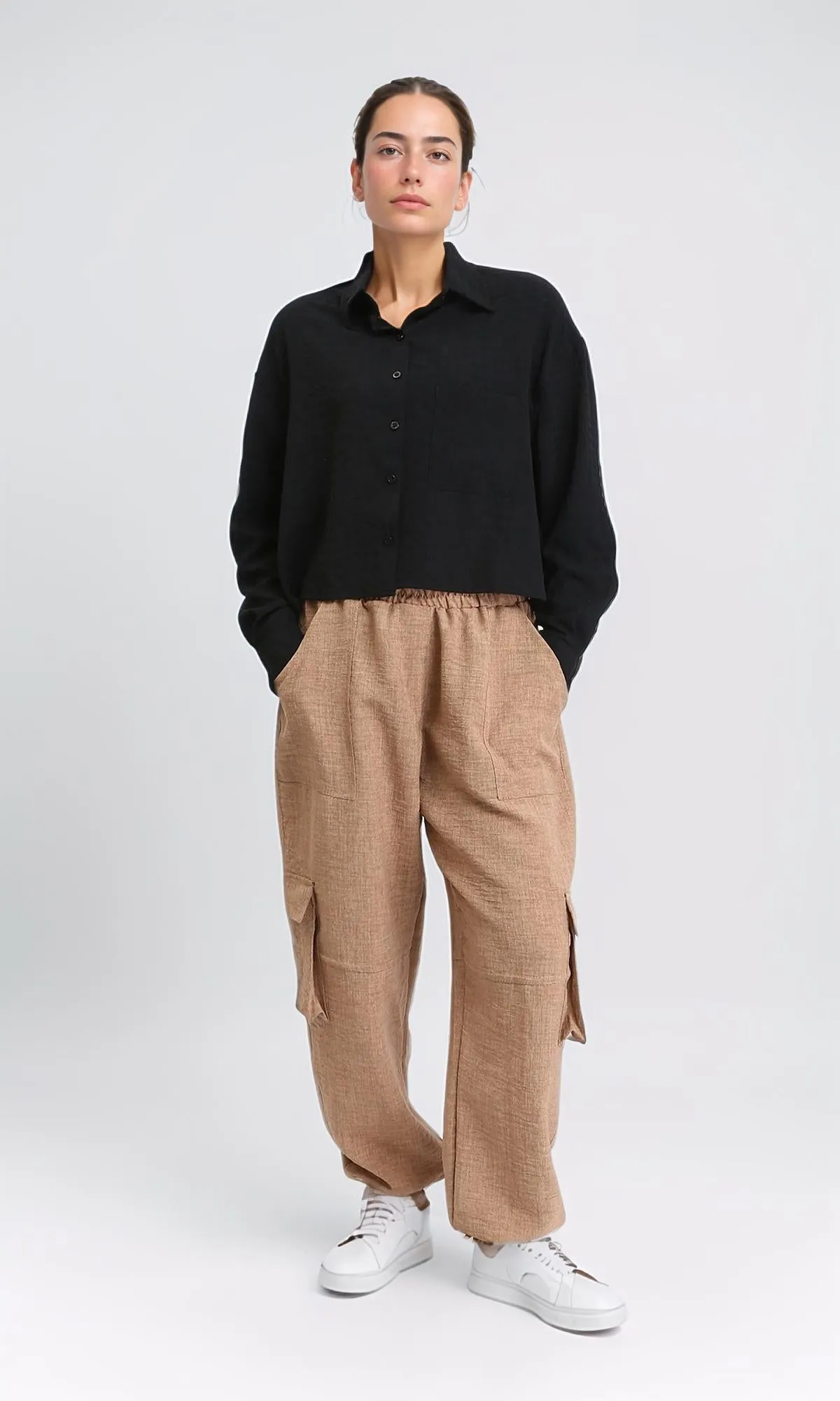 R206354 - Textured Long Sleeves Summer Shirt - Black