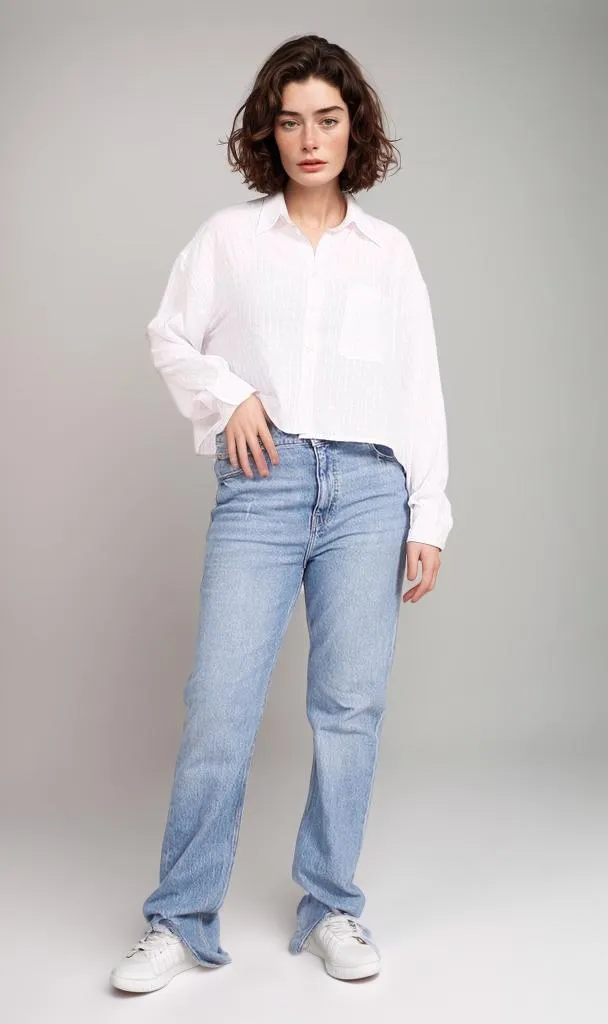 R206355-R206355 - Cropped Button-Up Shirt - White