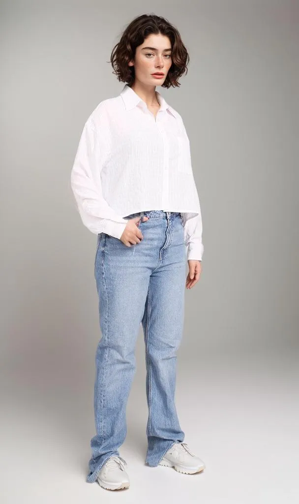 R206355-R206355 - Cropped Button-Up Shirt - White
