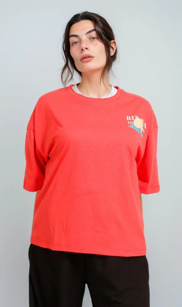 R208505 - Graphic Printed Oversized T-Shirt - Coral Red