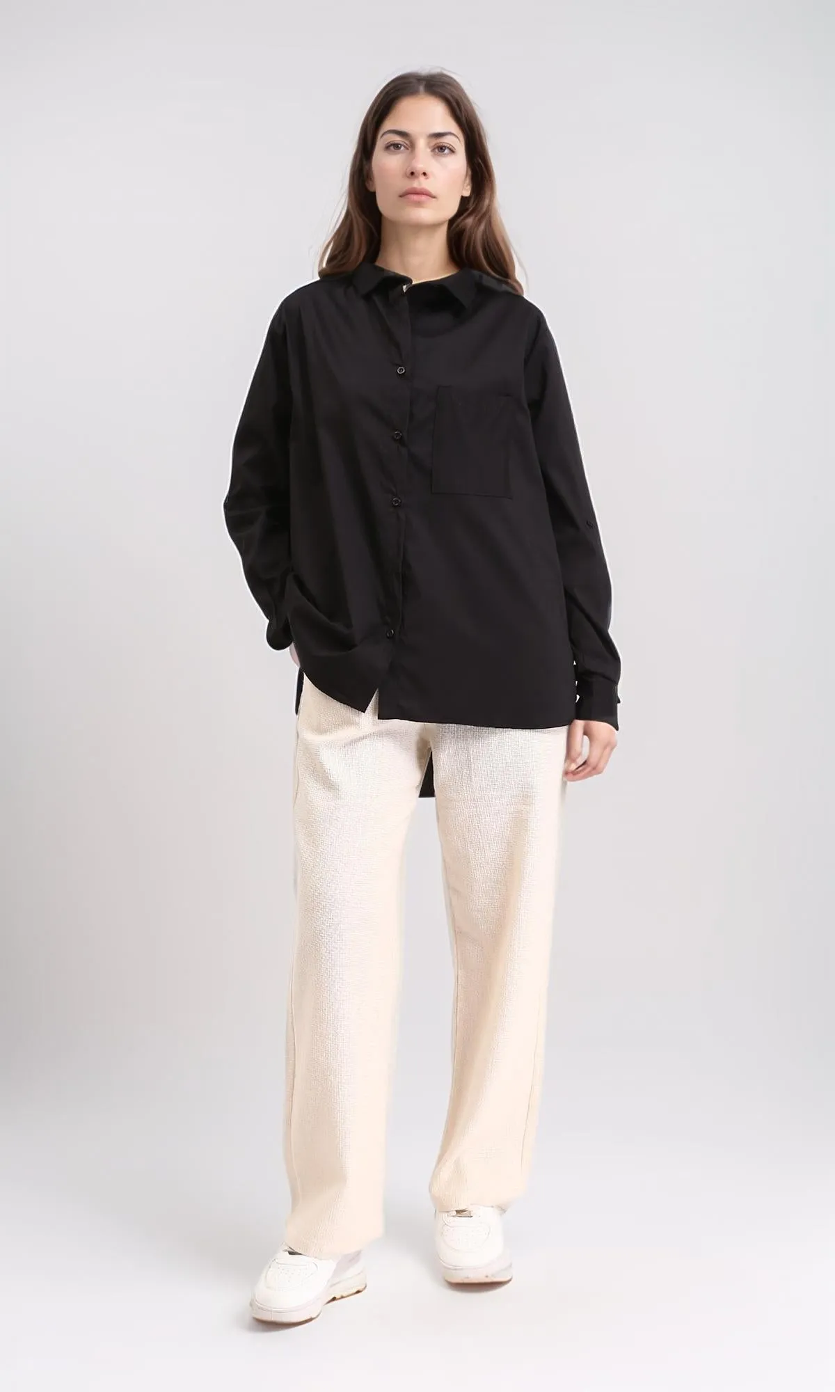 R209215 - Solid Long Shirt with Front Pocket - Black