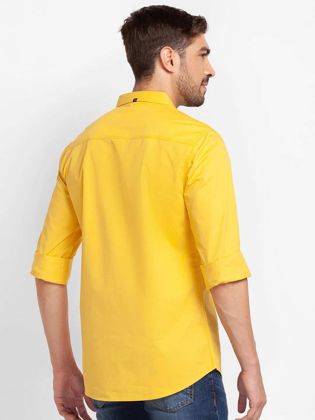Spykar Sulphur Yellow Cotton Full Sleeve Plain Shirt For Men