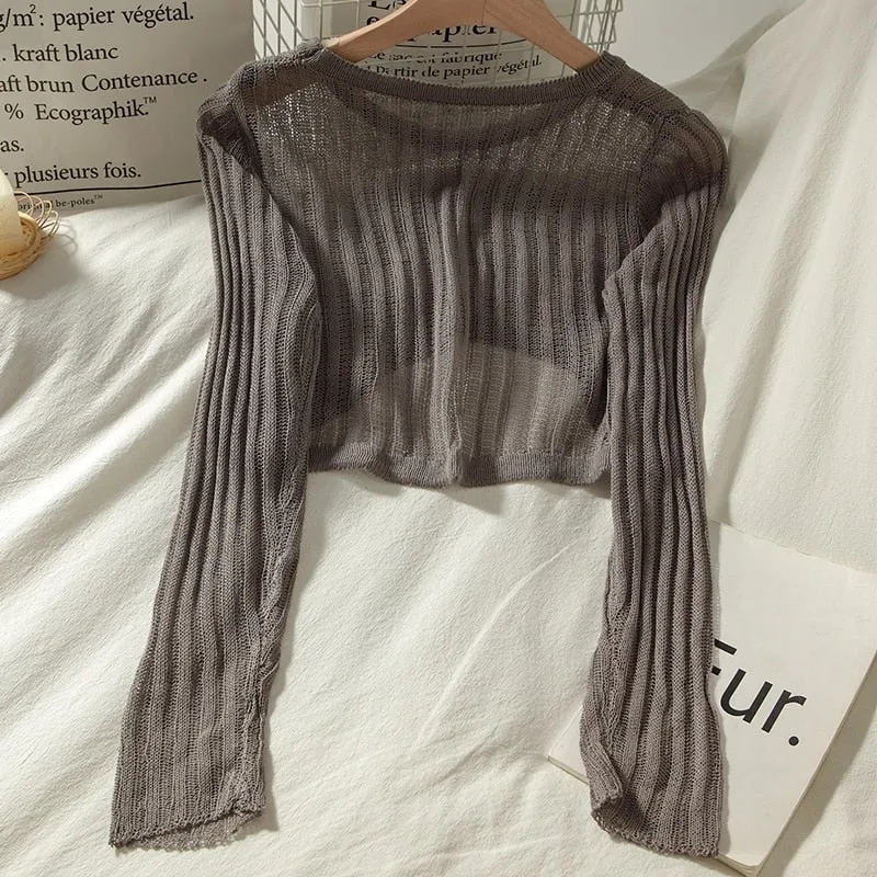 T-shirts Women Summer Long Sleeve Crop Tops Thin Breathable Hollow Out Korean Style