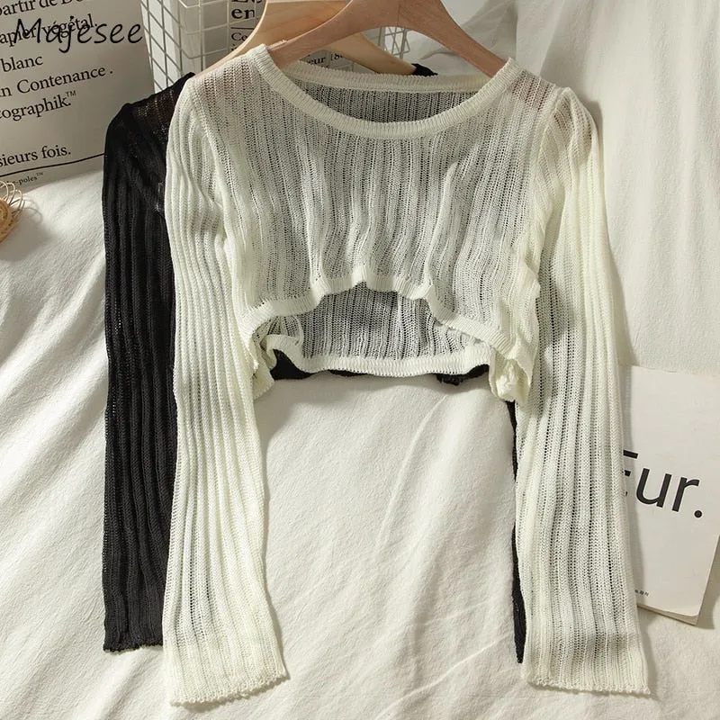 T-shirts Women Summer Long Sleeve Crop Tops Thin Breathable Hollow Out Korean Style