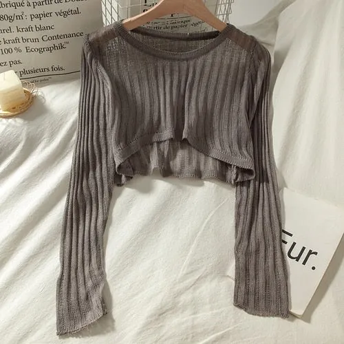 T-shirts Women Summer Long Sleeve Crop Tops Thin Breathable Hollow Out Korean Style