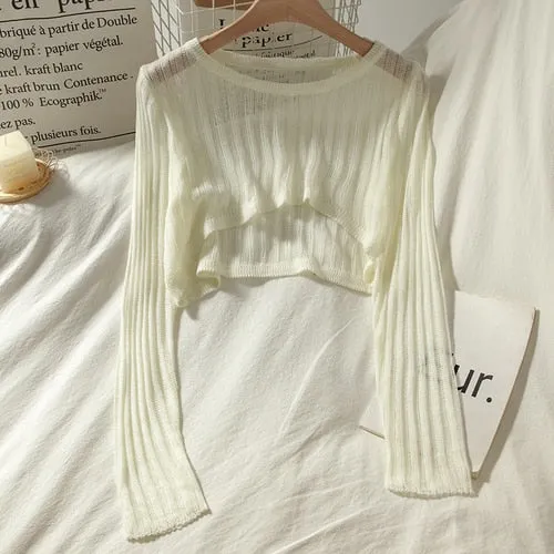 T-shirts Women Summer Long Sleeve Crop Tops Thin Breathable Hollow Out Korean Style