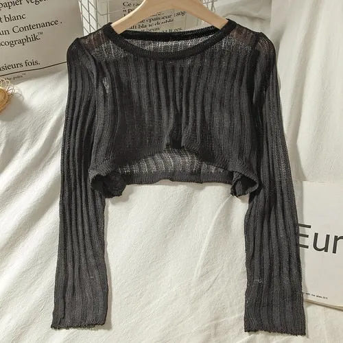 T-shirts Women Summer Long Sleeve Crop Tops Thin Breathable Hollow Out Korean Style