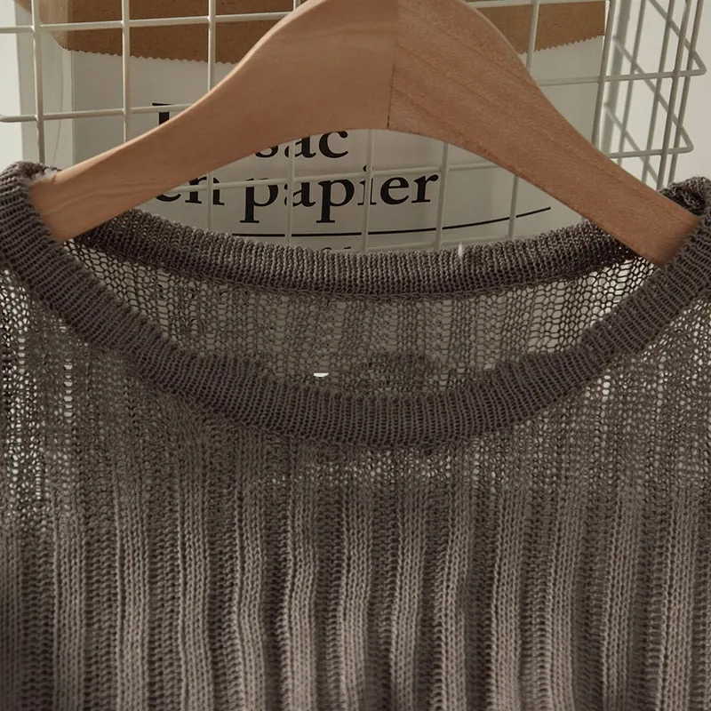 T-shirts Women Summer Long Sleeve Crop Tops Thin Breathable Hollow Out Korean Style
