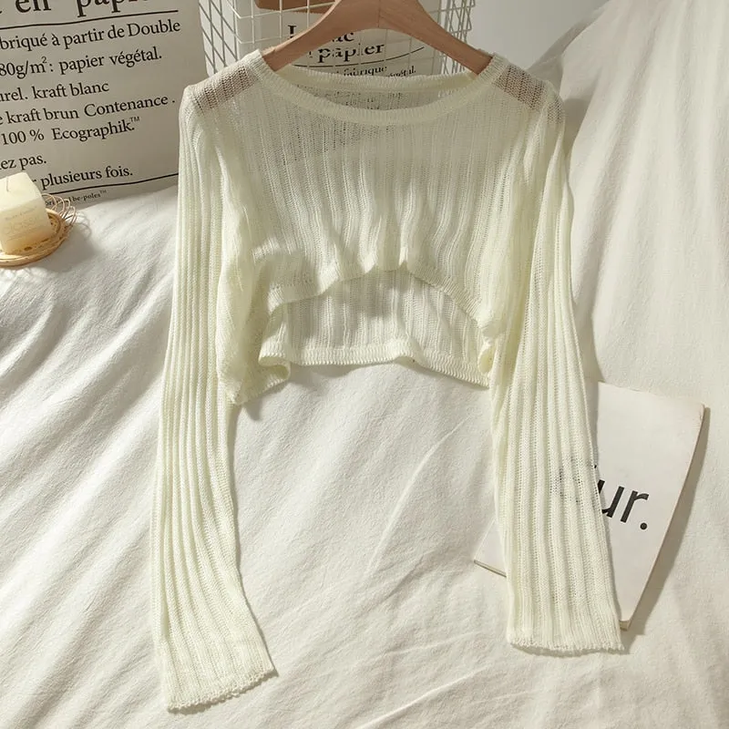 T-shirts Women Summer Long Sleeve Crop Tops Thin Breathable Hollow Out Korean Style