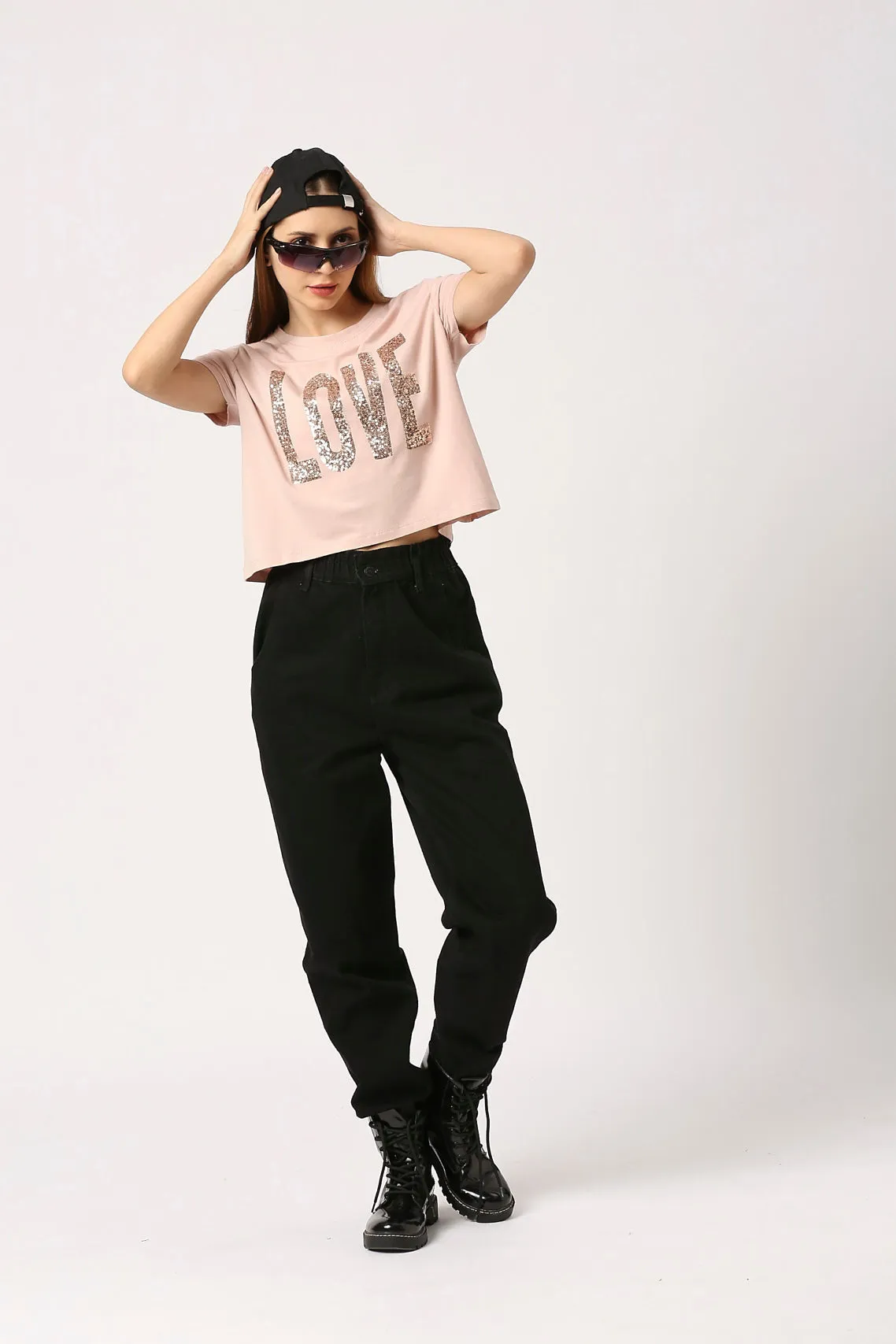 Women Dusty Pink Milan Round Neck Short Sleeve Fitted Crop Printed T-Shirt