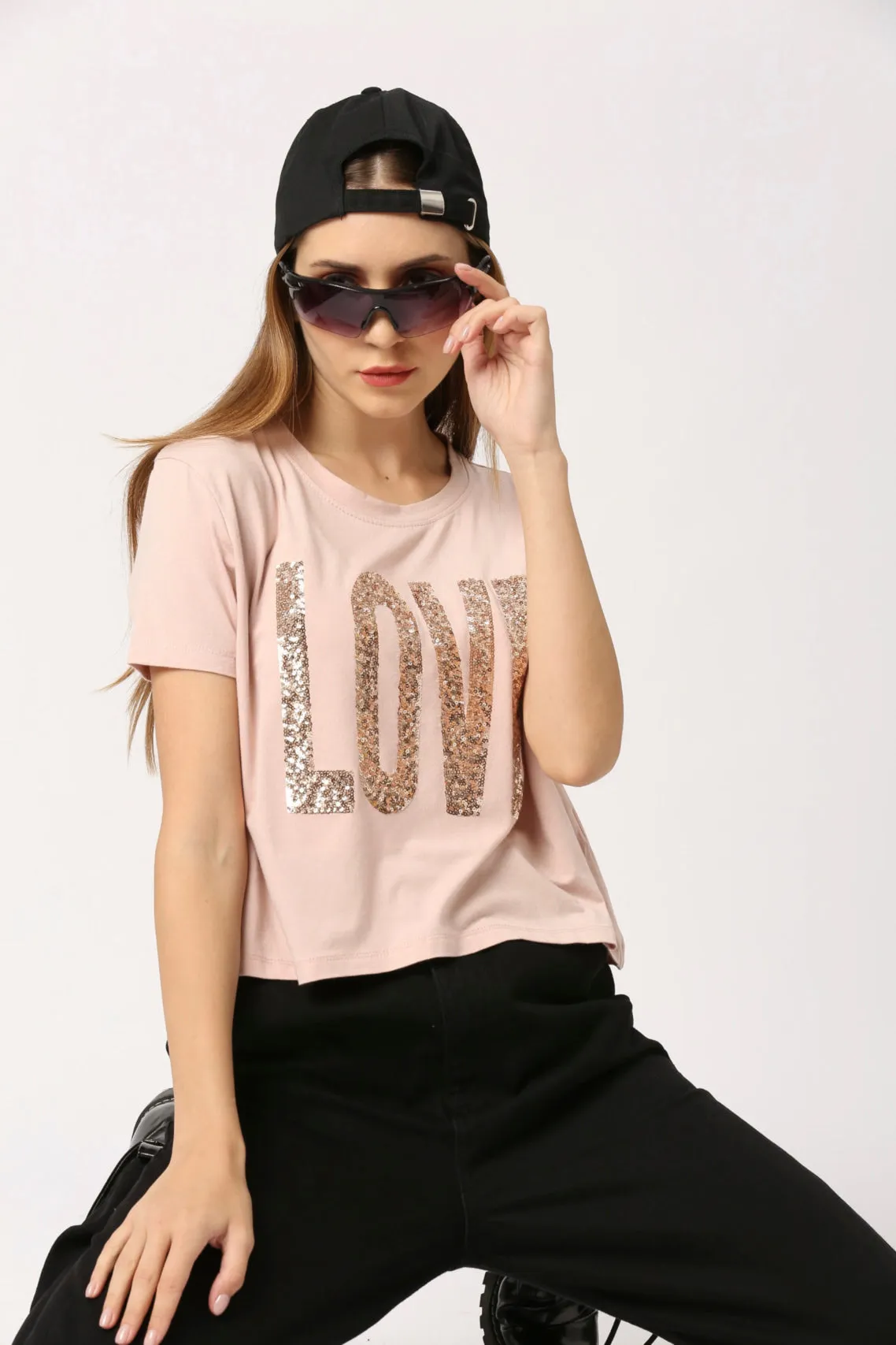 Women Dusty Pink Milan Round Neck Short Sleeve Fitted Crop Printed T-Shirt